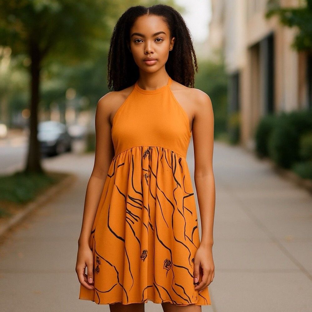Zara‎ x Dina Bukva Designer Drawing Cutout Halter Mini Dress Size S Orange Black